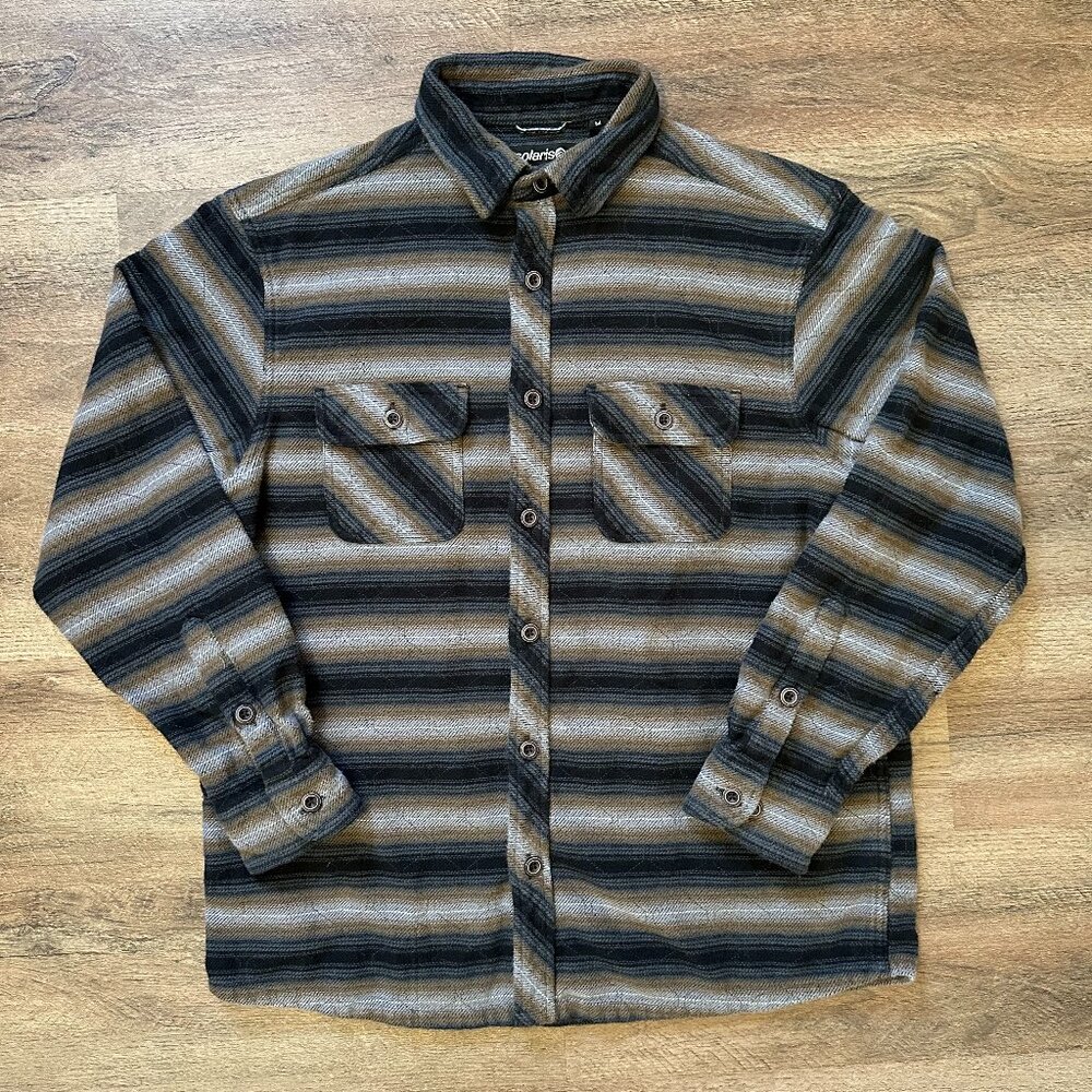 Solaris Casual Button Down Mens Medium Brown Striped Rugged Flannel Shacket